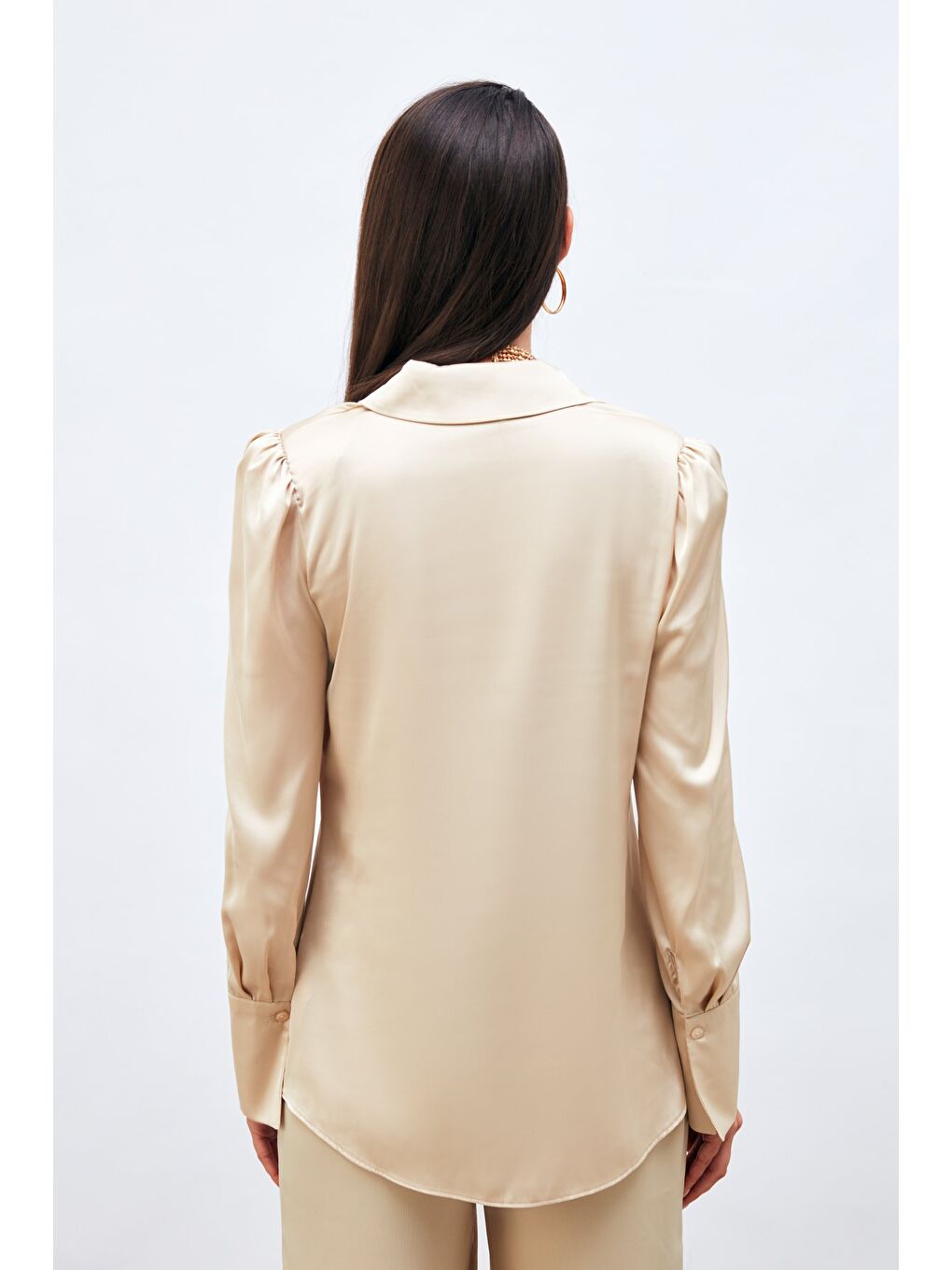 SATEEN Vatkalı Saten Gömlek - Bej - 4