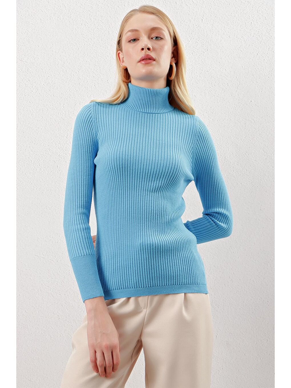 Kadın Açık Mavi Balıkçı Yaka Fitilli Basic Body Triko Kazak