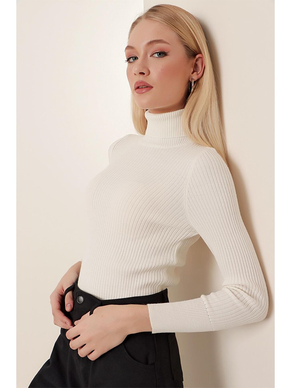 Kadın Ekru Balıkçı Yaka Fitilli Basic Body Triko Kazak-1