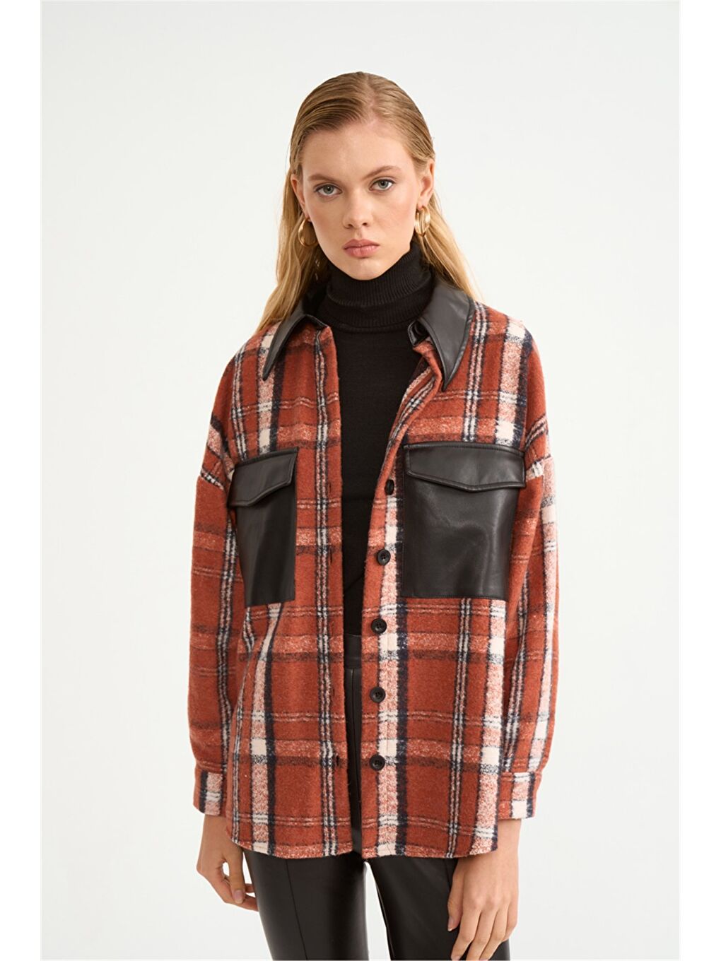 Kahverengi Deri Detaylı Ekose Desenli Gömlek - Kiremit-2