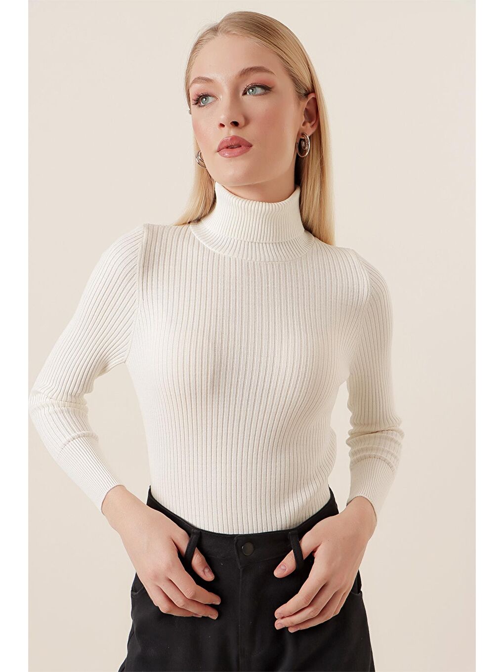 Kadın Ekru Balıkçı Yaka Fitilli Basic Body Triko Kazak-2