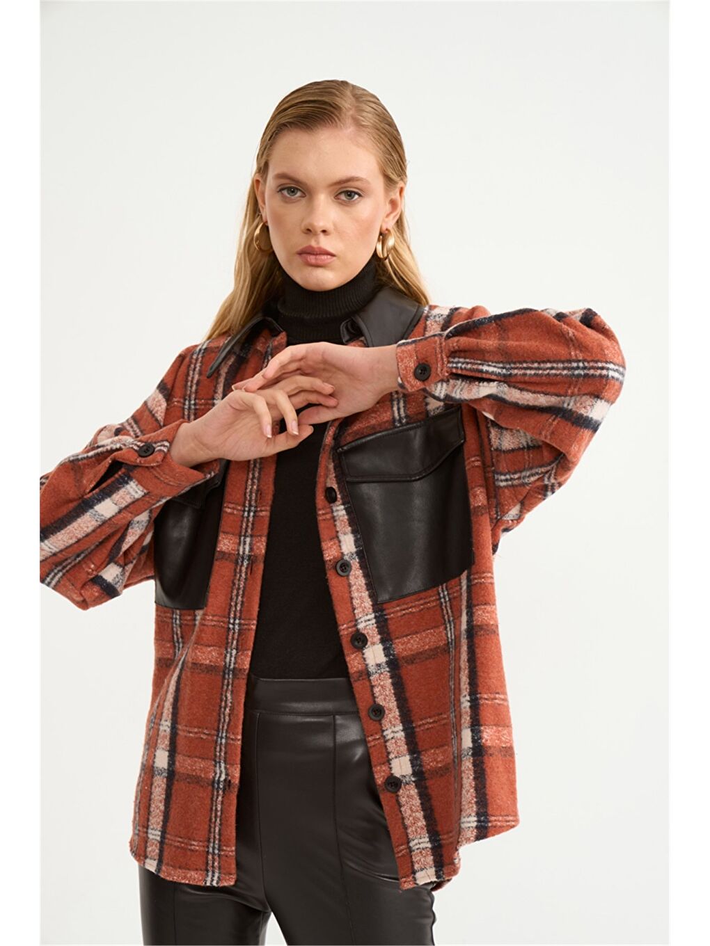 Kahverengi Deri Detaylı Ekose Desenli Gömlek - Kiremit-3