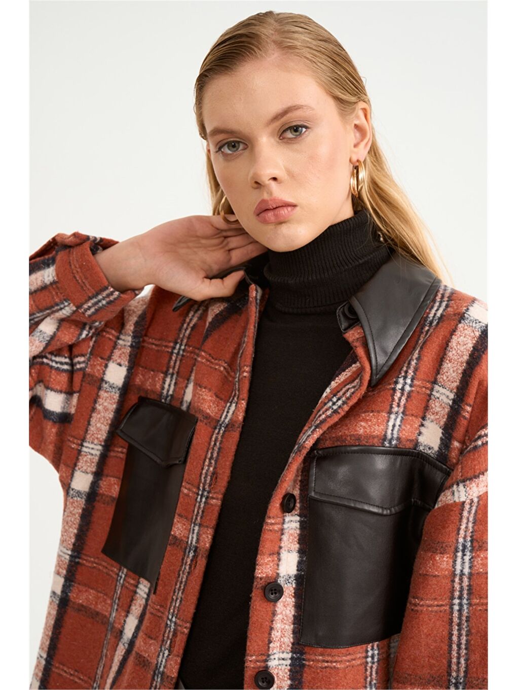 Kahverengi Deri Detaylı Ekose Desenli Gömlek - Kiremit-5