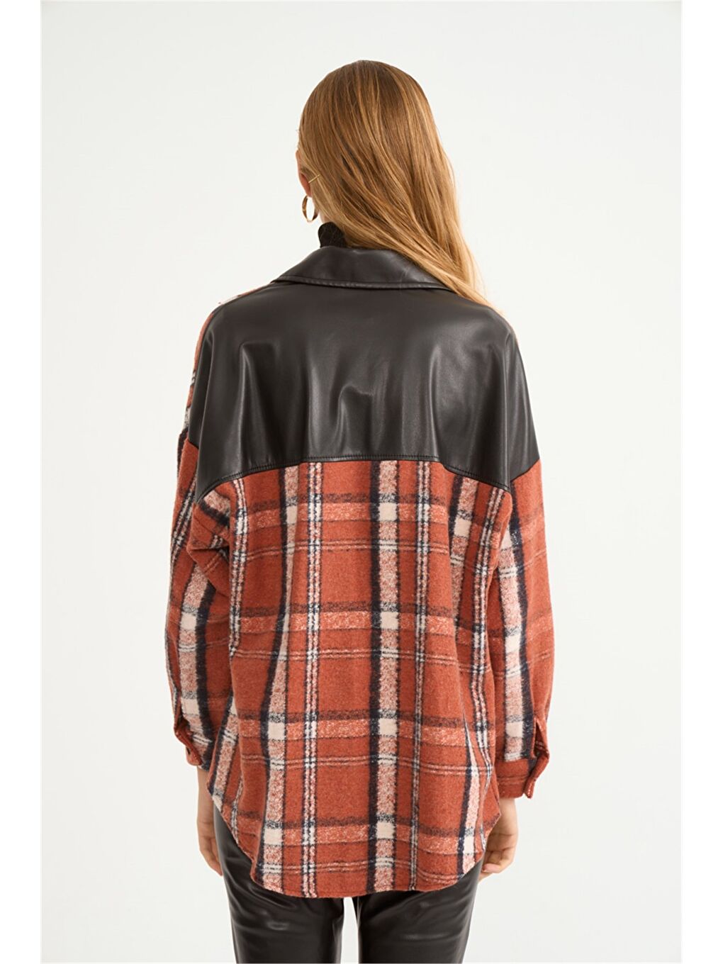 Kahverengi Deri Detaylı Ekose Desenli Gömlek - Kiremit-6