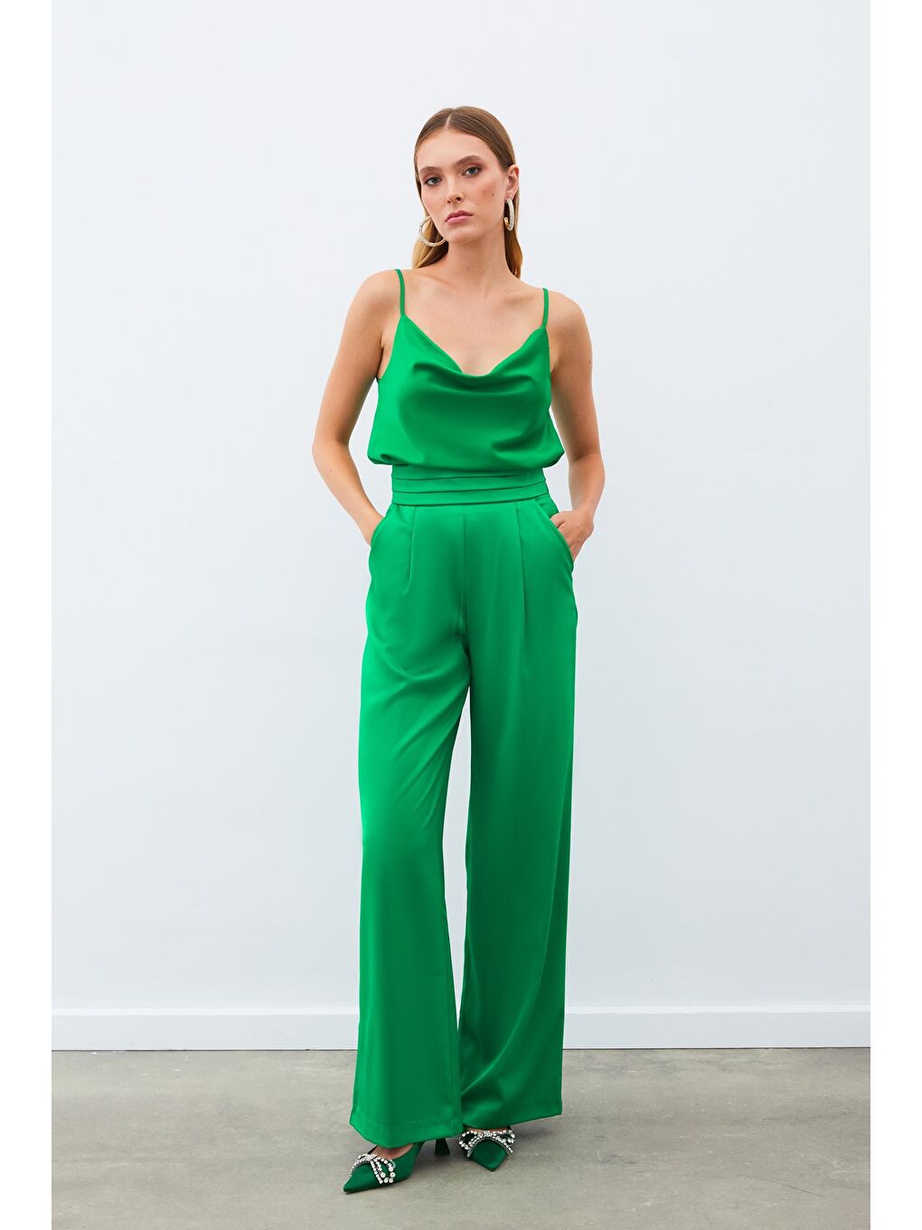Cepli Salaş Saten Pantolon - Yeşil