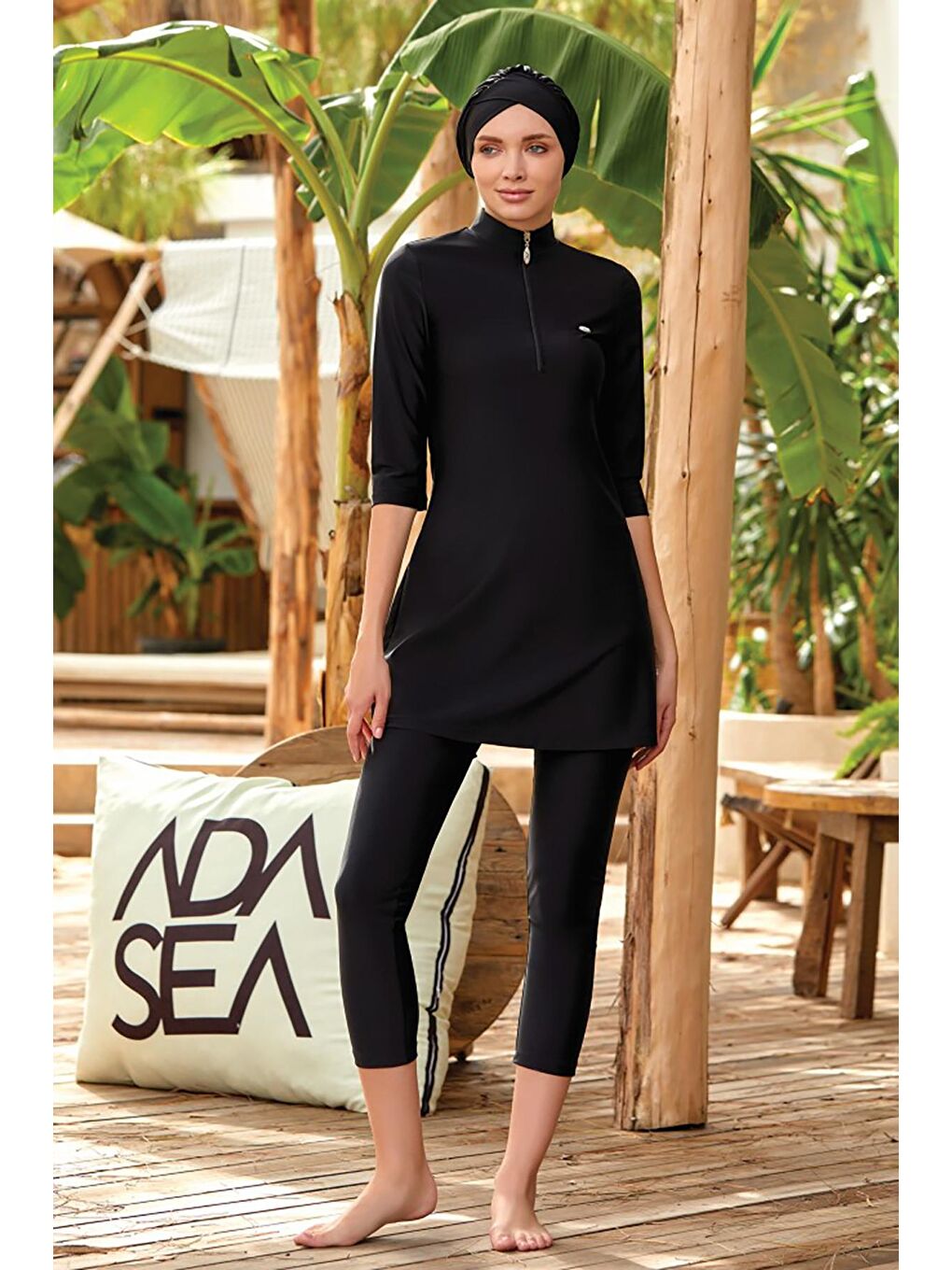 Truvakar Kol Kaprili Yarı Kapalı Tesettür Mayo Anda 3400 Siyah