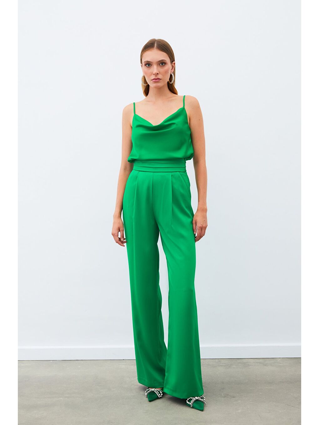 Cepli Salaş Saten Pantolon - Yeşil-1
