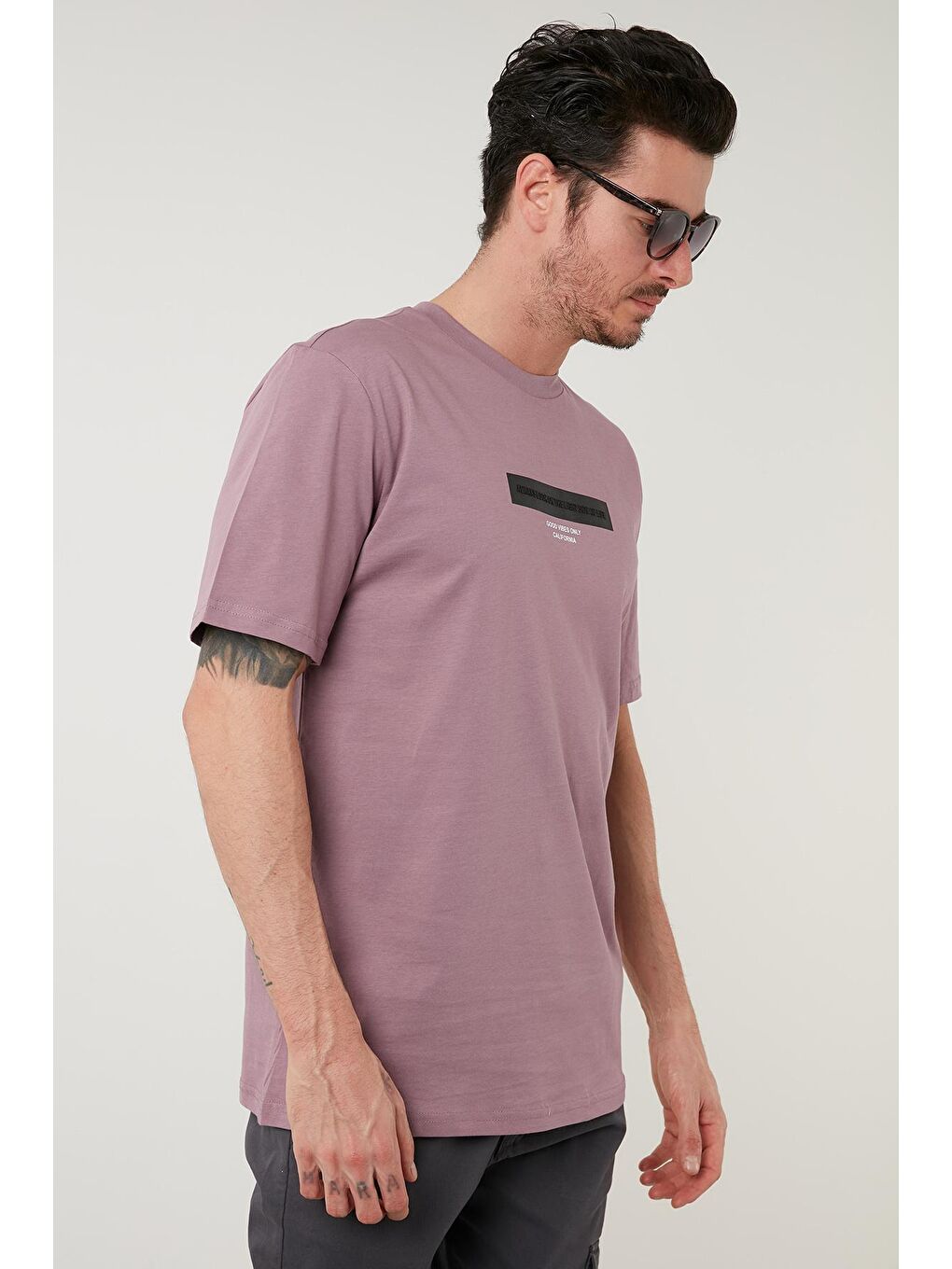 Pembe Baskılı Pamuklu Oversize Bisiklet Yaka Tişört 5727401