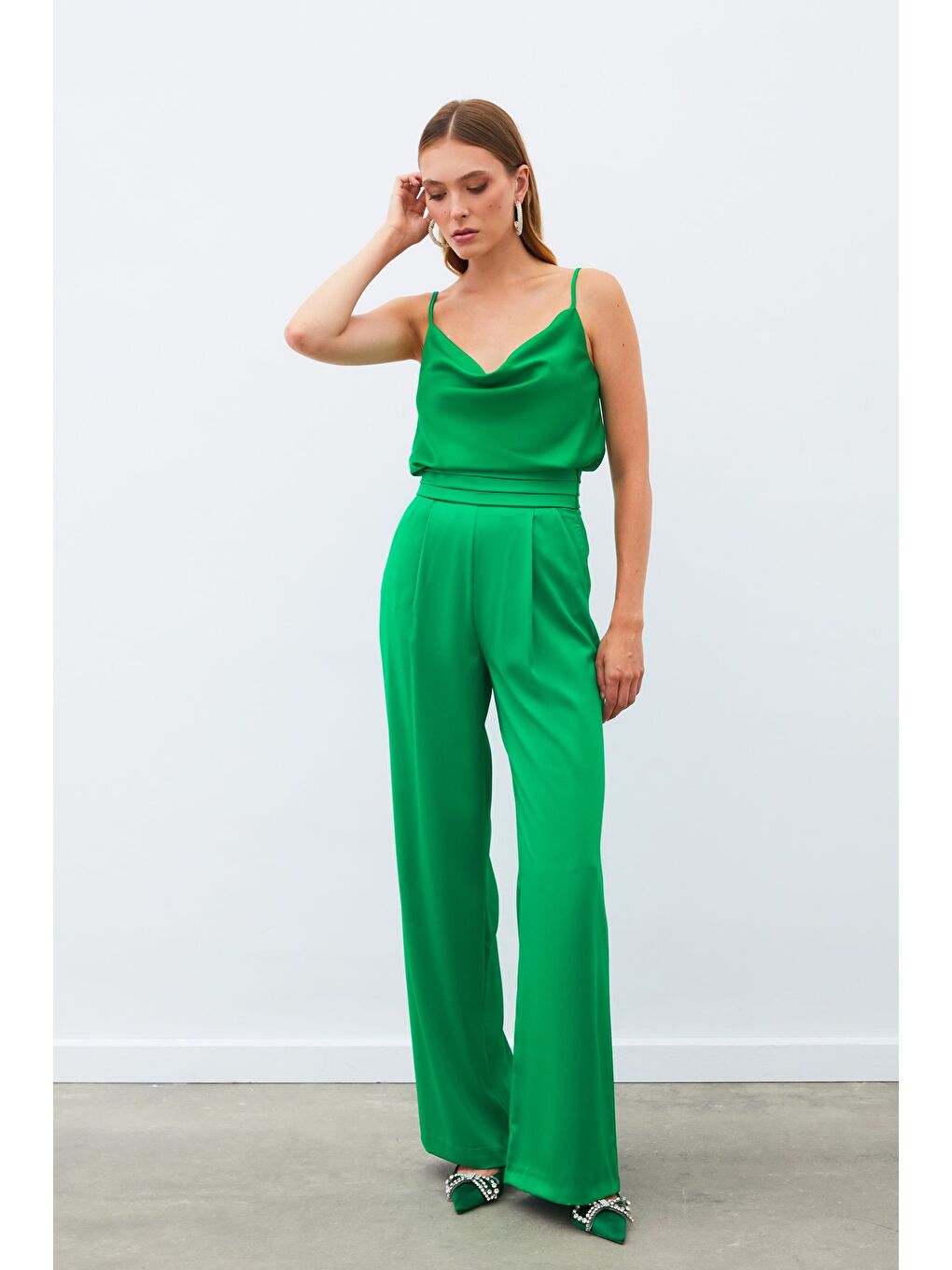 Cepli Salaş Saten Pantolon - Yeşil-2