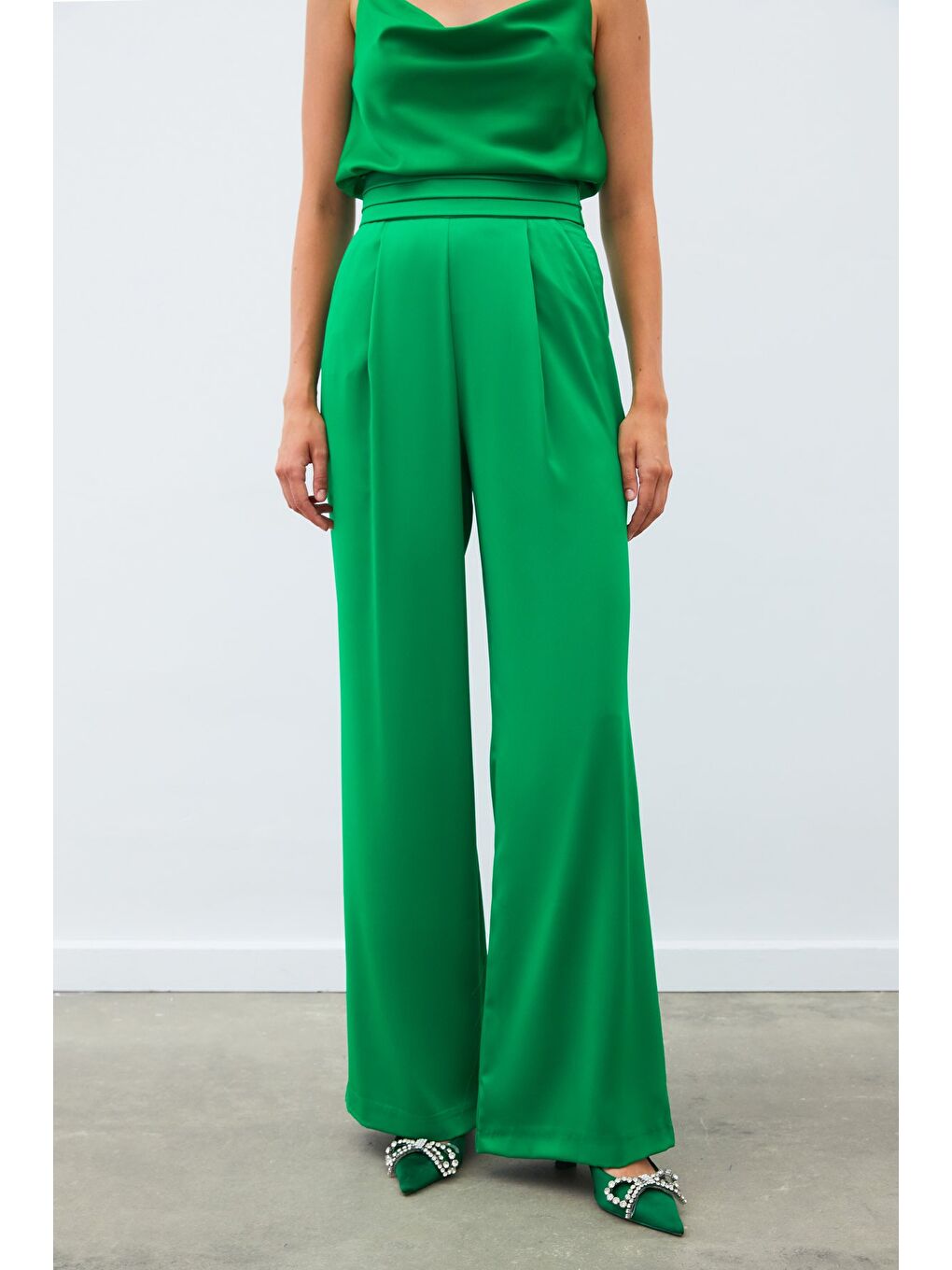 Cepli Salaş Saten Pantolon - Yeşil-5