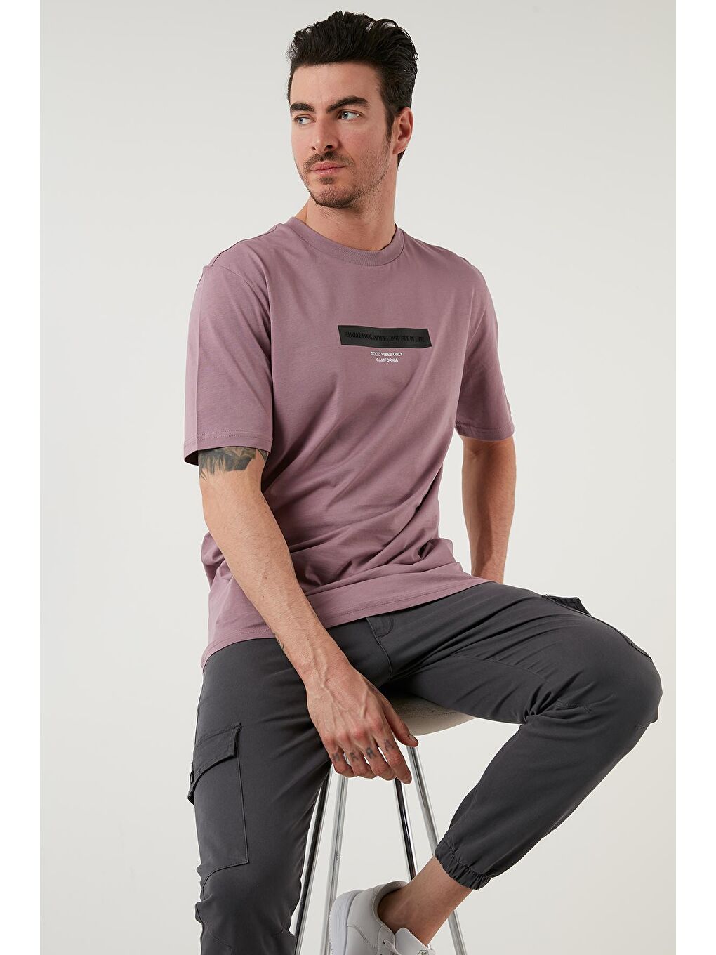 Pembe Baskılı Pamuklu Oversize Bisiklet Yaka Tişört 5727401-1