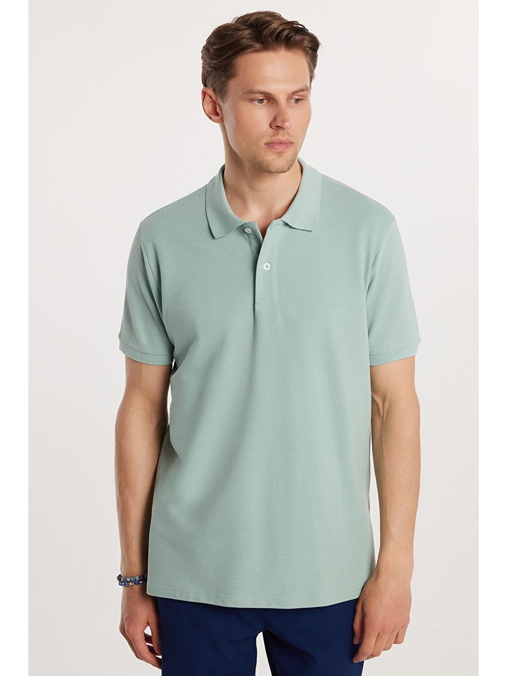 Yeşil Erkek Regular Fit Klasik Kesim %100 Pamuk Düz Pike Mint Polo Yaka Tişört-2