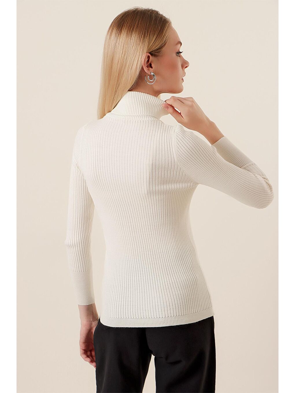 Kadın Ekru Balıkçı Yaka Fitilli Basic Body Triko Kazak-4