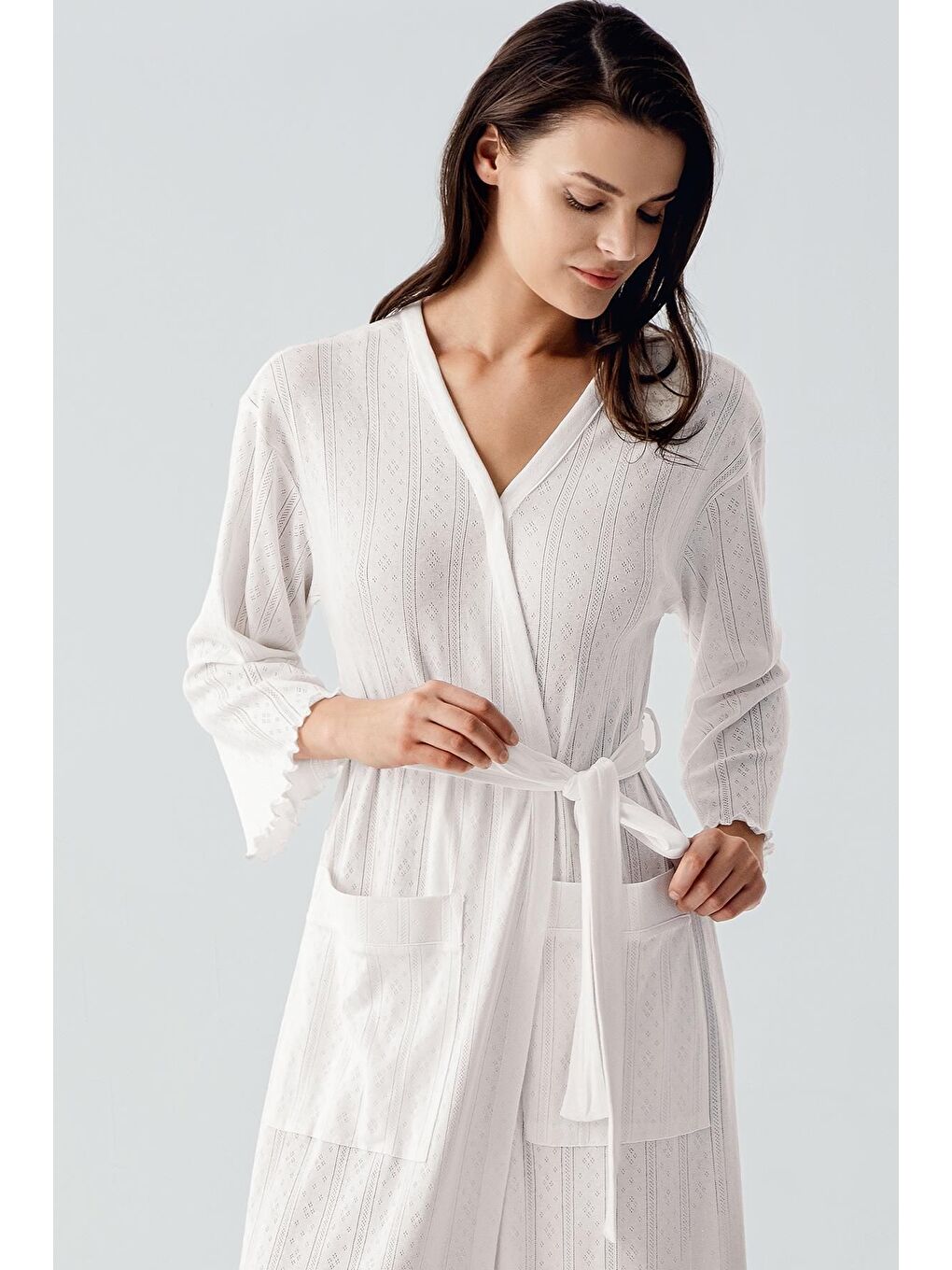 Ekru Uzun Kollu Ajurlu Esnek Pamuklu Sabahlık 17508-2