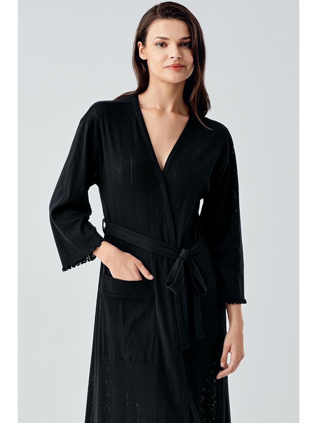 Siyah Uzun Kollu Ajurlu Esnek Pamuklu Sabahlık 17508-1