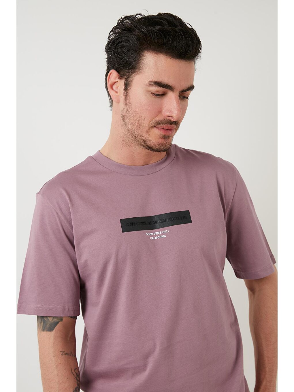 Pembe Baskılı Pamuklu Oversize Bisiklet Yaka Tişört 5727401-3