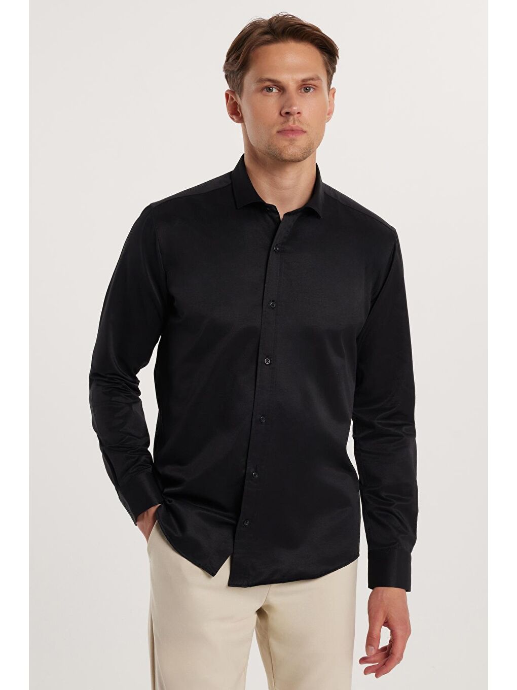 Modern Slim Fit Uzun Kollu Düz Saten Pamuklu Erkek Siyah Gömlek