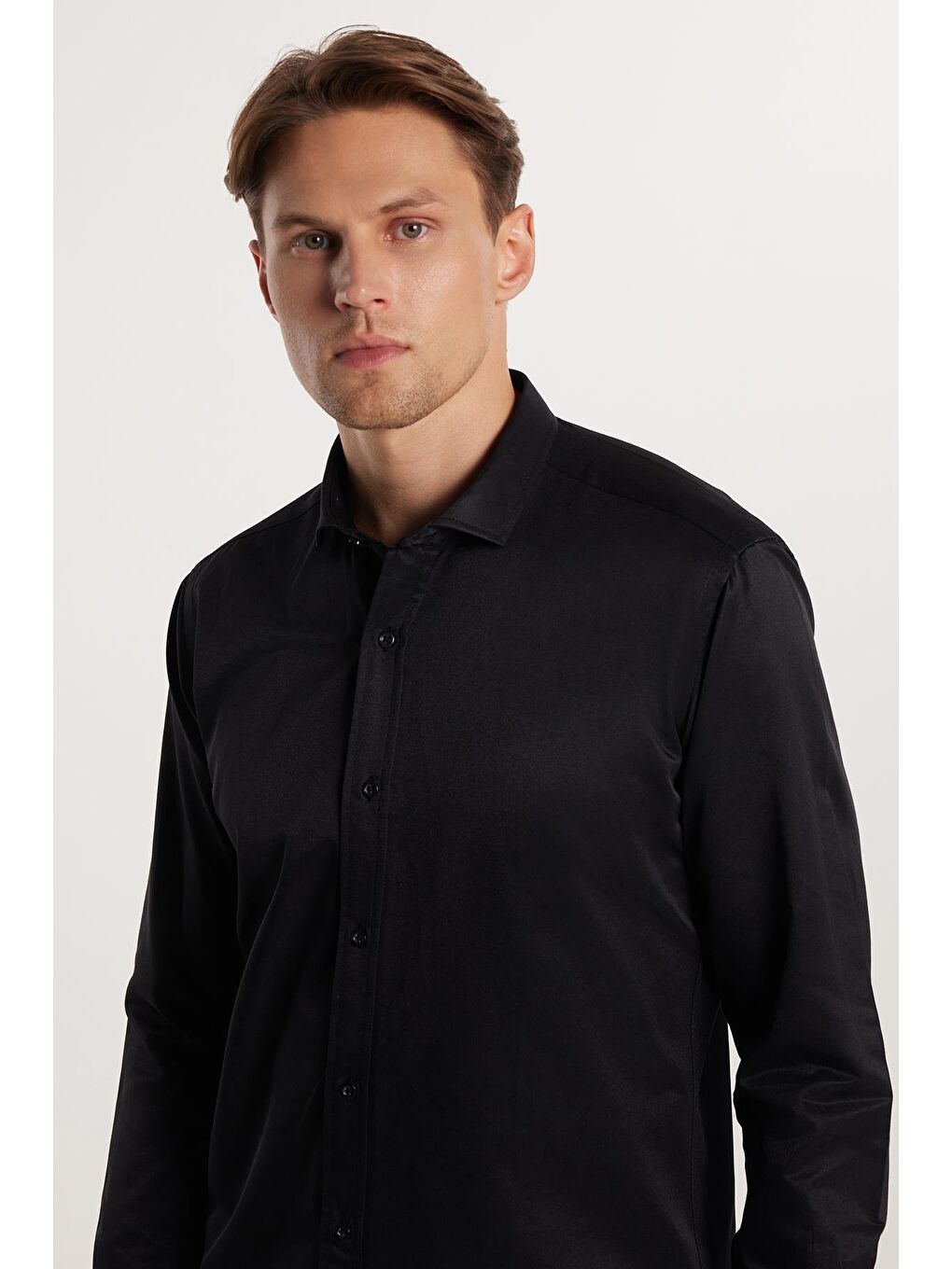 Modern Slim Fit Uzun Kollu Düz Saten Pamuklu Erkek Siyah Gömlek-1