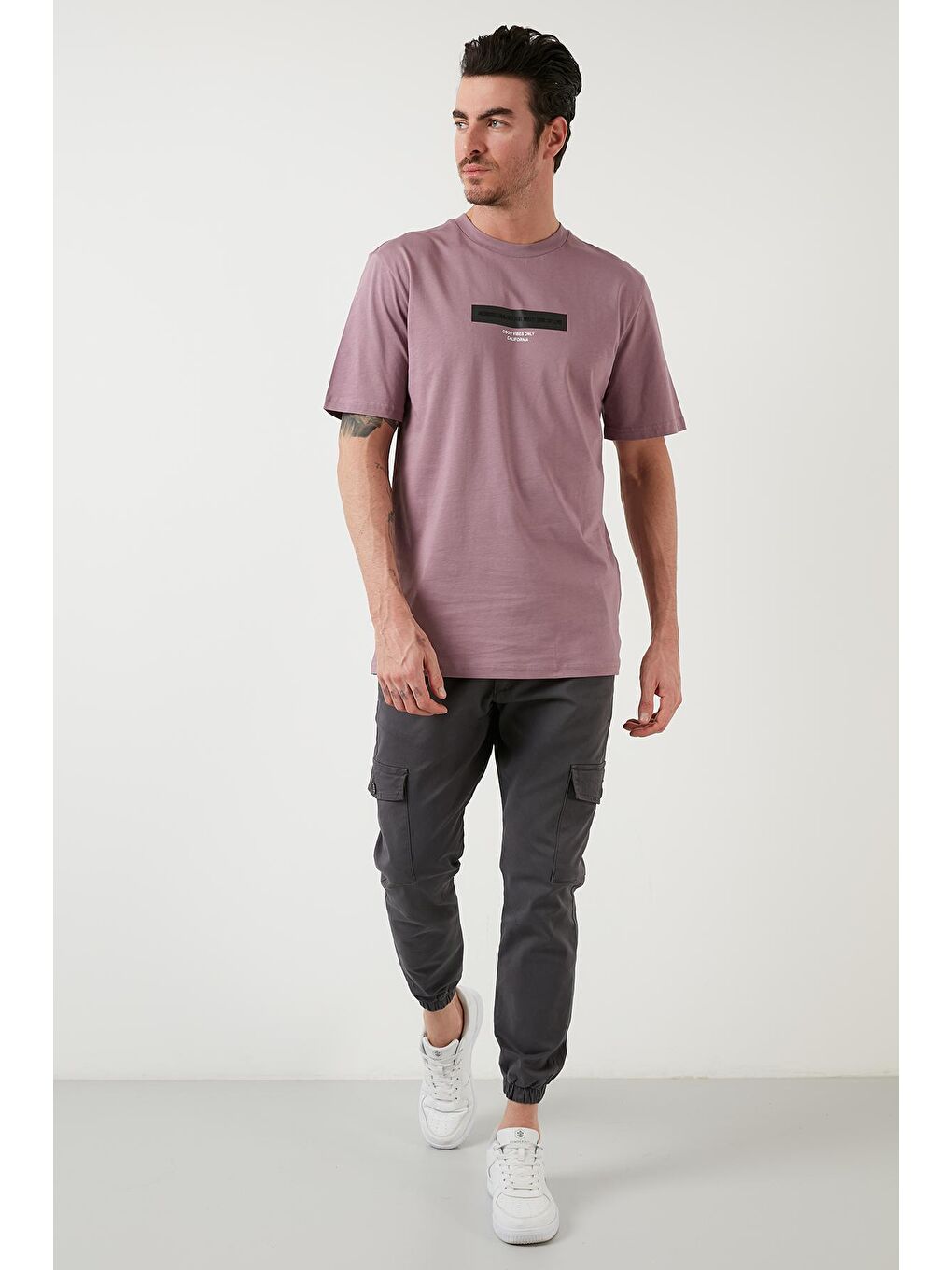 Pembe Baskılı Pamuklu Oversize Bisiklet Yaka Tişört 5727401-4