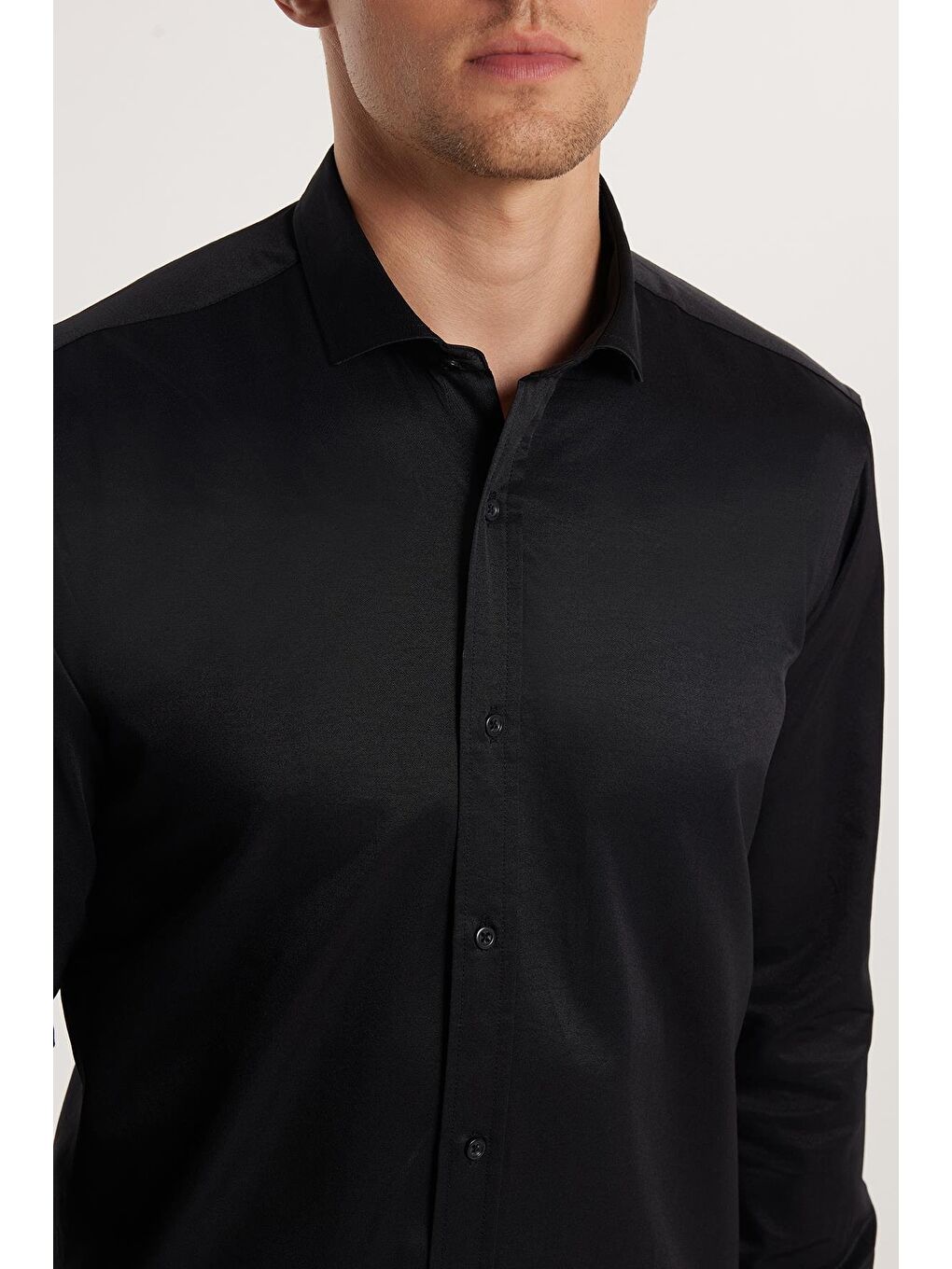Modern Slim Fit Uzun Kollu Düz Saten Pamuklu Erkek Siyah Gömlek-2