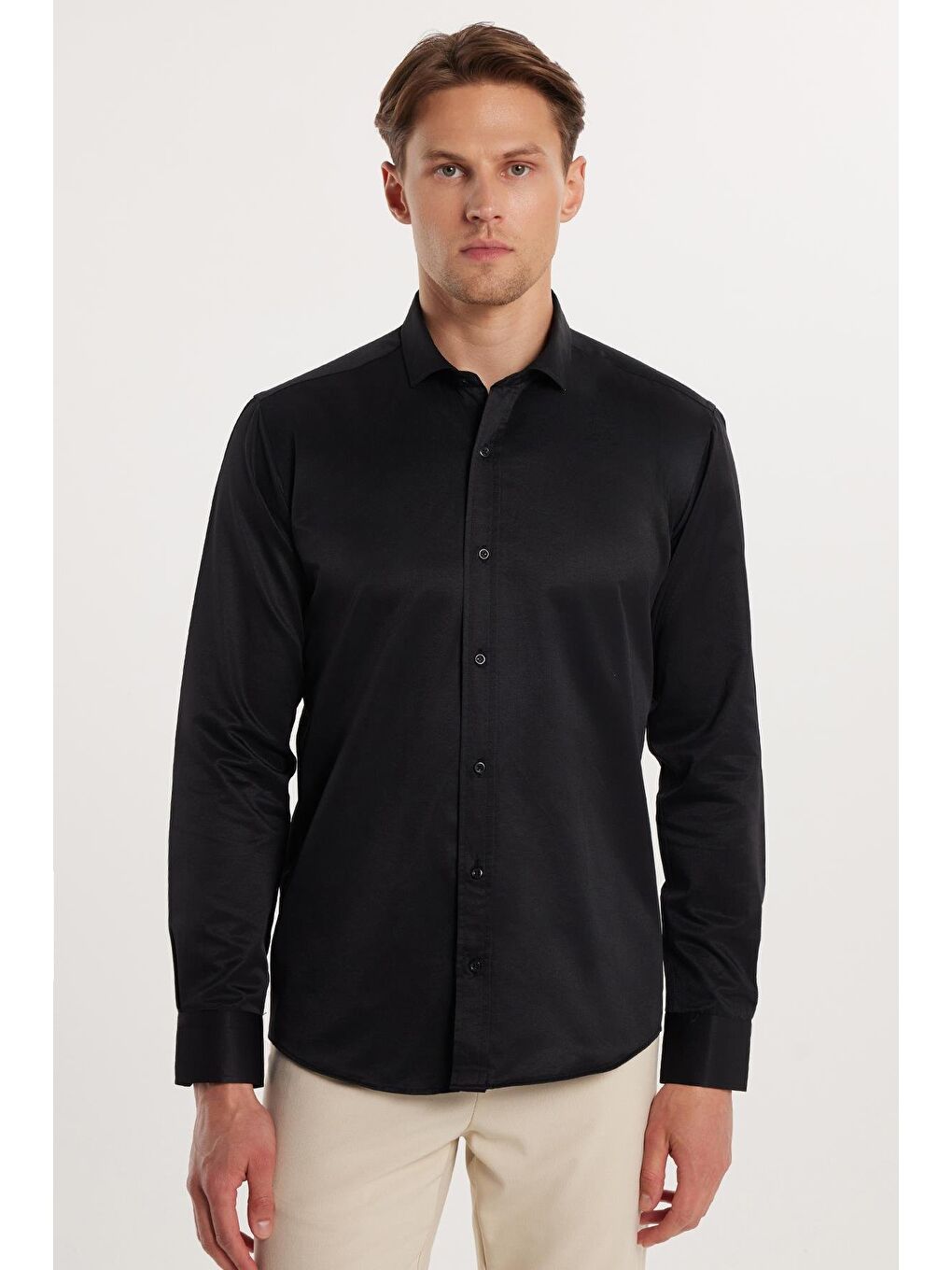 Modern Slim Fit Uzun Kollu Düz Saten Pamuklu Erkek Siyah Gömlek-3