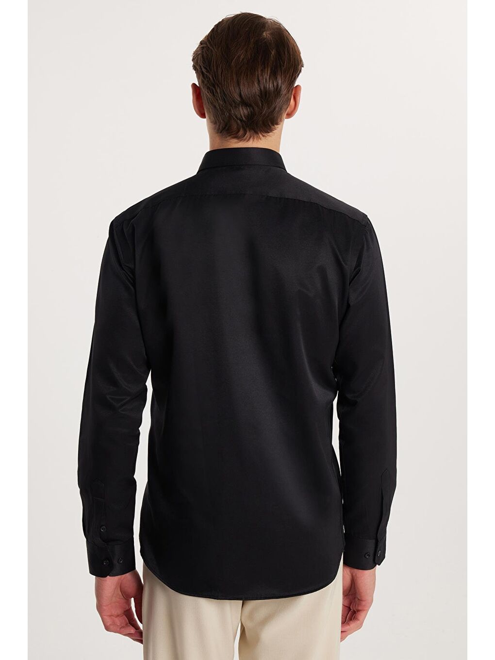 Modern Slim Fit Uzun Kollu Düz Saten Pamuklu Erkek Siyah Gömlek-4