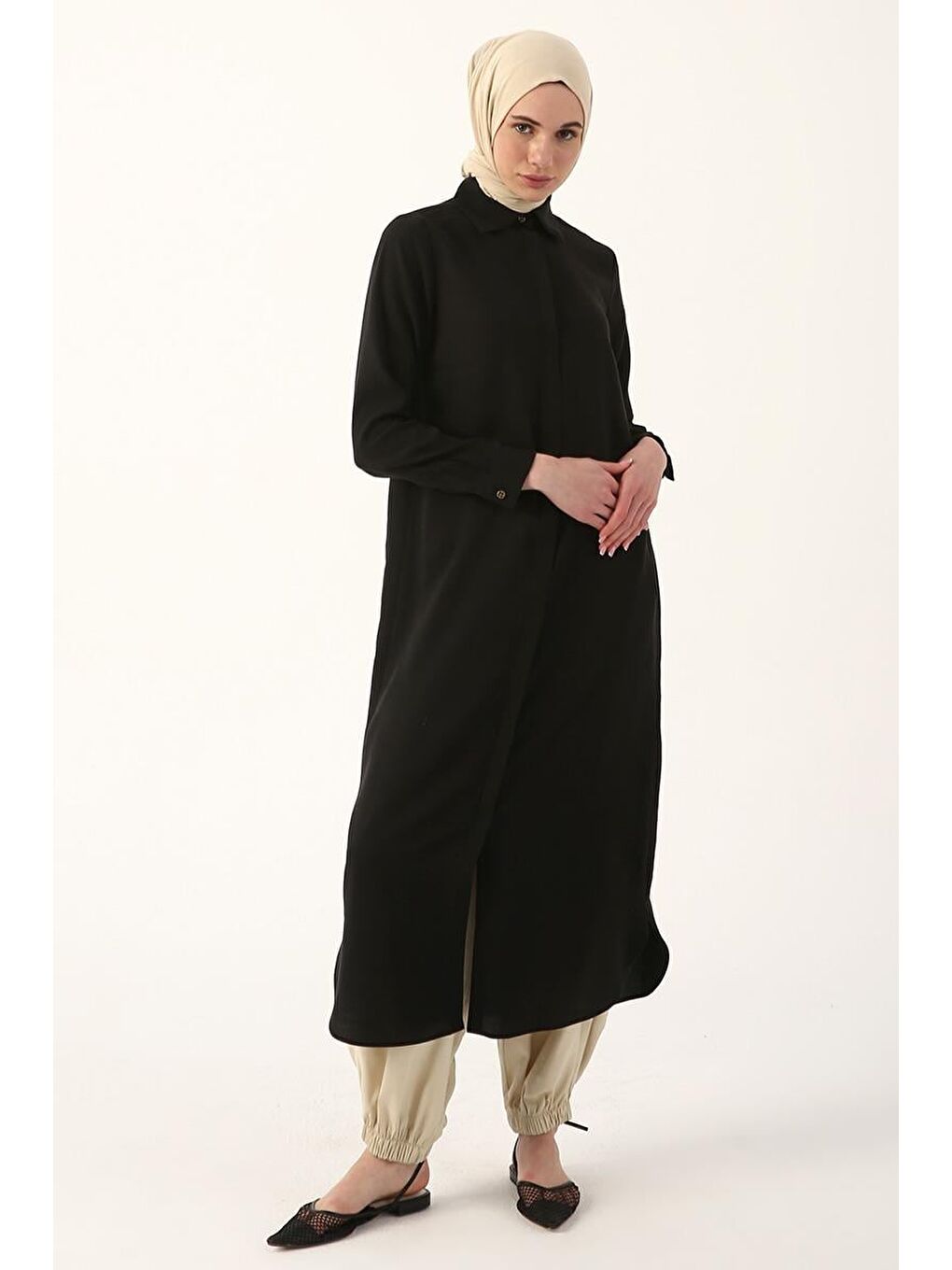 Siyah Gizli Patlı Basic Uzun Gömlek Tunik