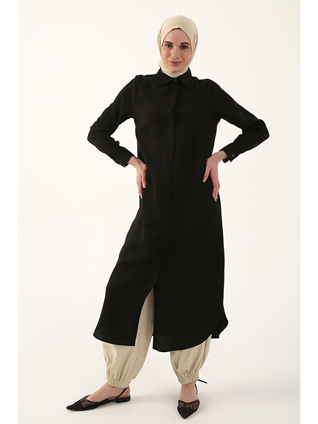 Siyah Gizli Patlı Basic Uzun Gömlek Tunik-1