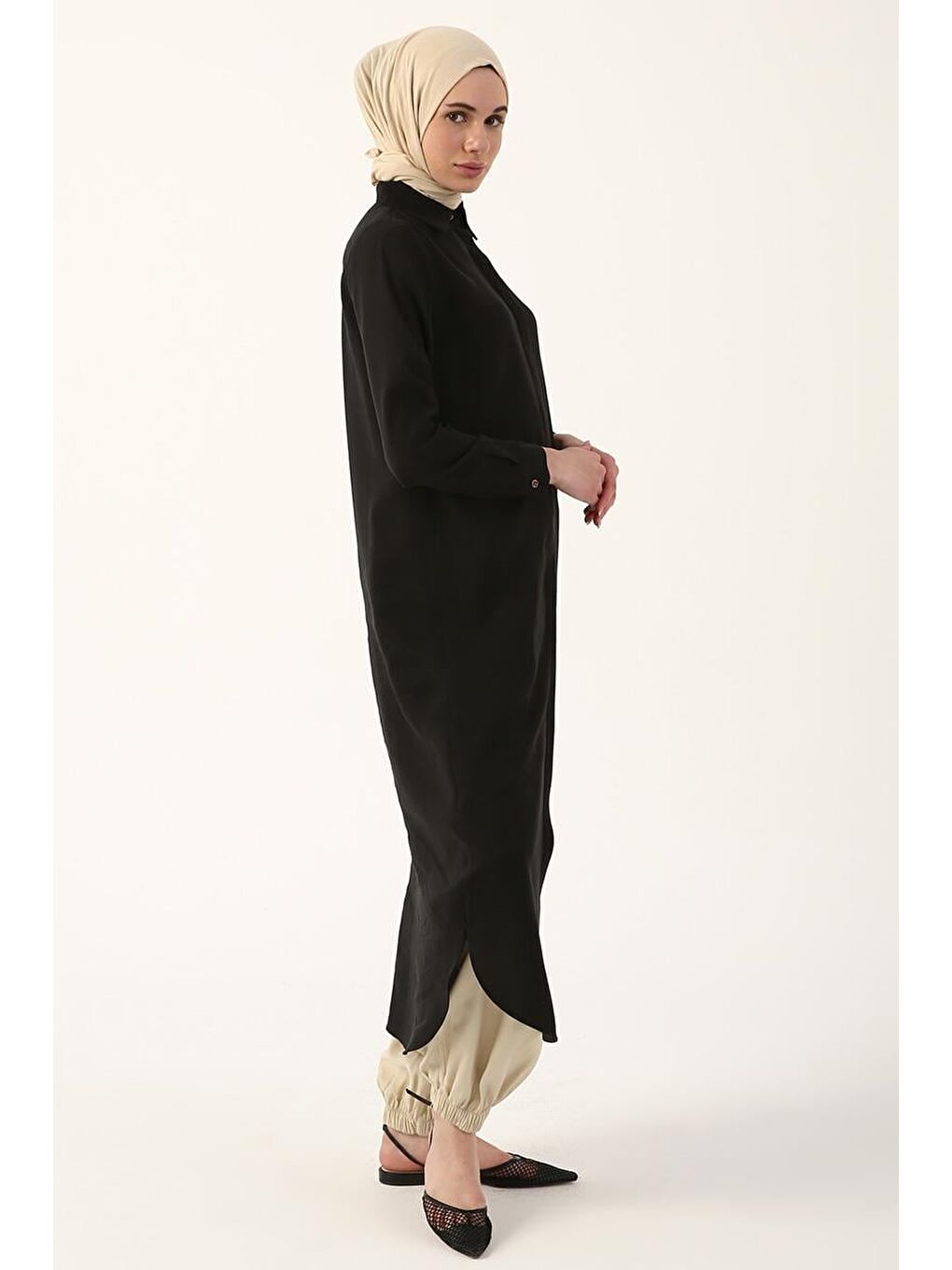 Siyah Gizli Patlı Basic Uzun Gömlek Tunik-2