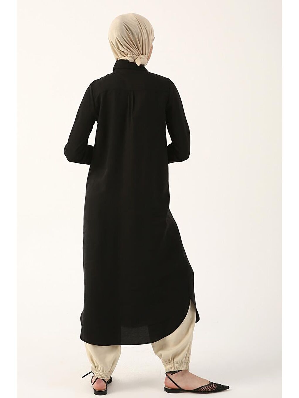 Siyah Gizli Patlı Basic Uzun Gömlek Tunik-3