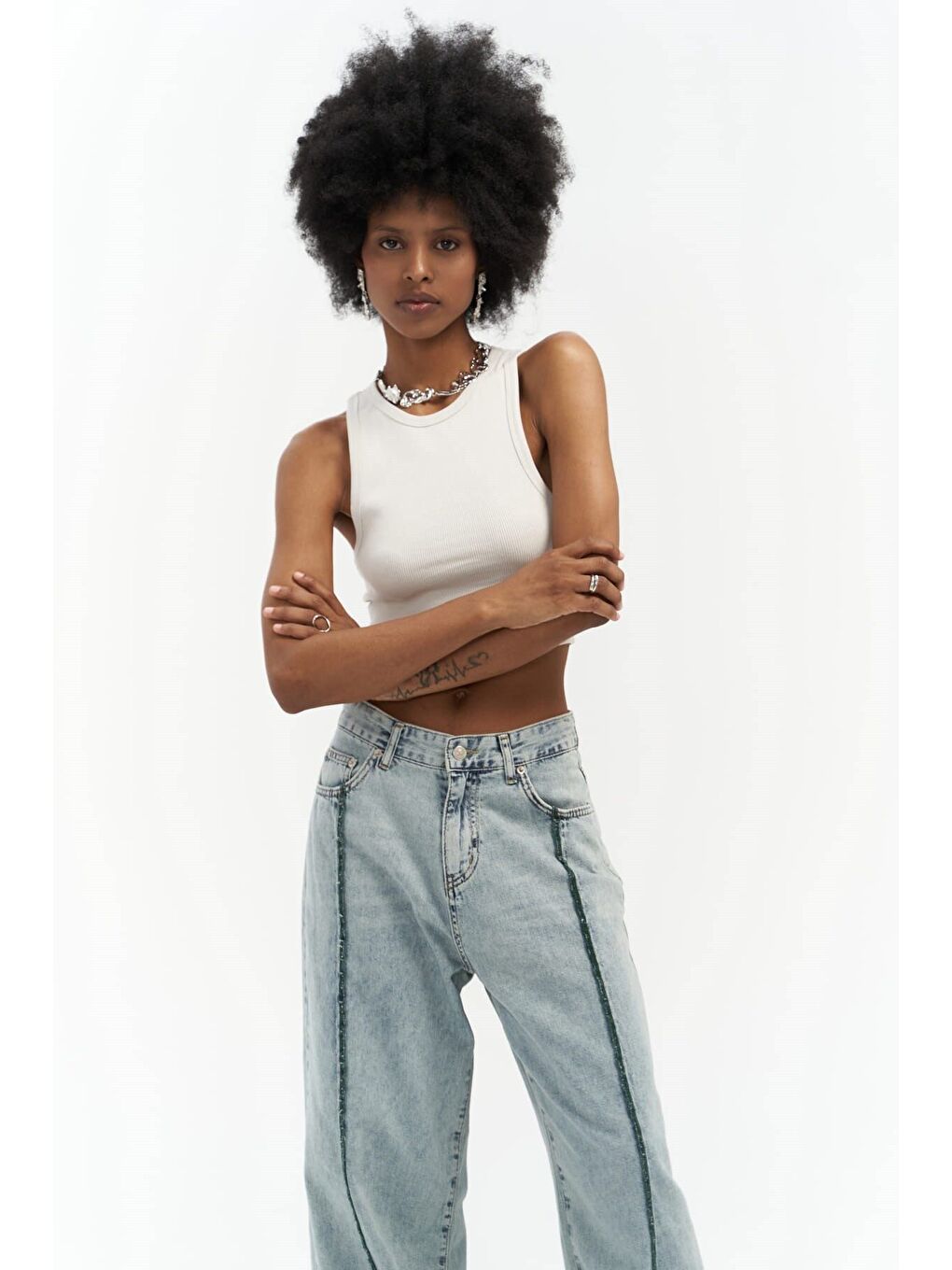 Maude Yeşil Şeritli Mavi Jean Pantolon-1