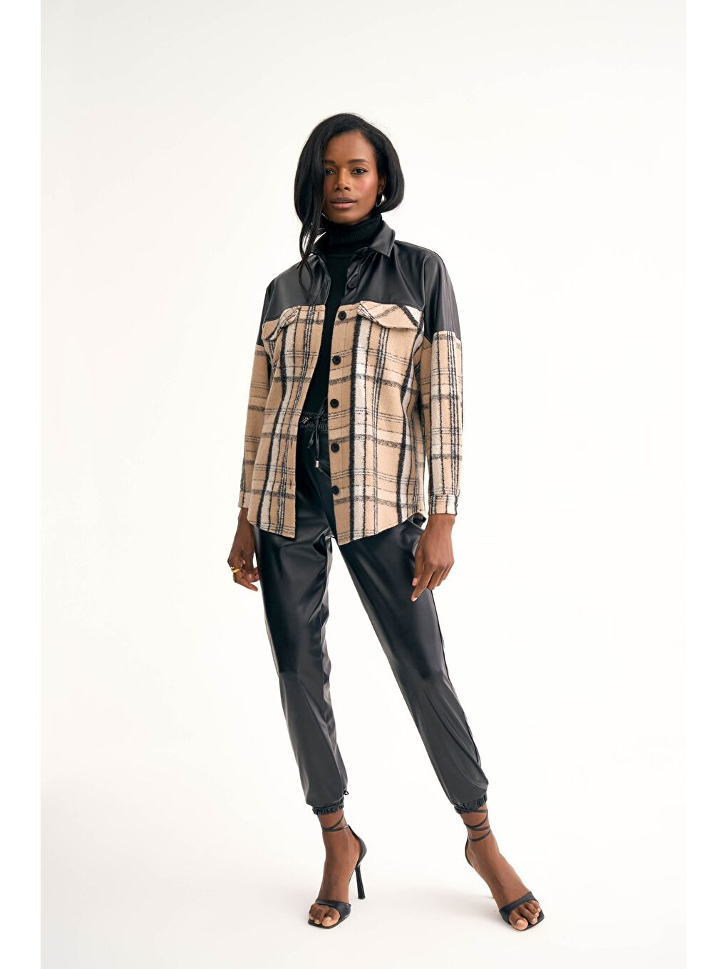 Deri Detaylı Oduncu Gömlek Ceket - Bej-1