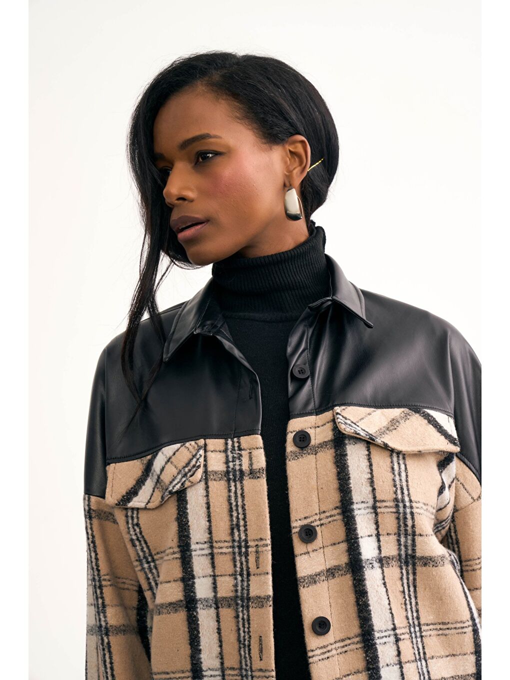 Deri Detaylı Oduncu Gömlek Ceket - Bej-2