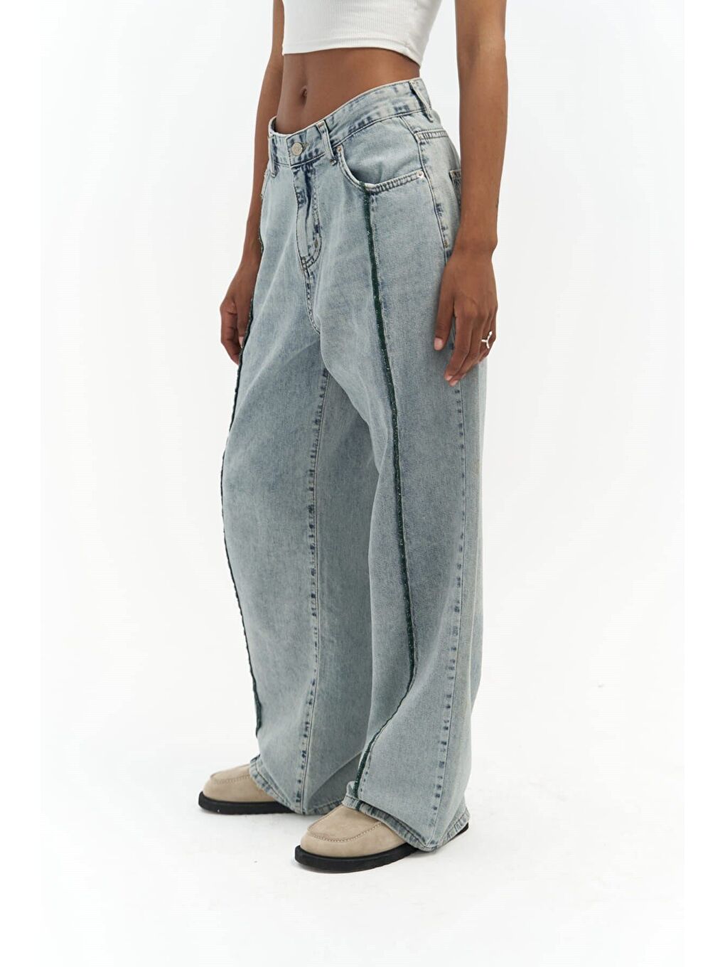 Maude Yeşil Şeritli Mavi Jean Pantolon-3