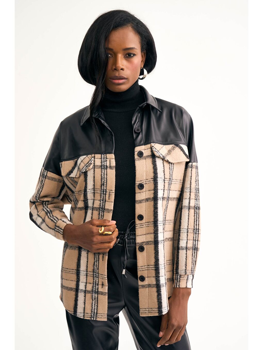 Deri Detaylı Oduncu Gömlek Ceket - Bej-4