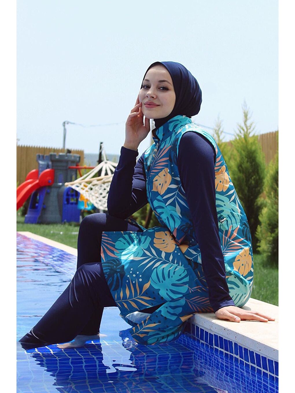 Lacivert Mayo Tasarım Tam Kapalı Tesettür Mayo R024 Çeşme-4
