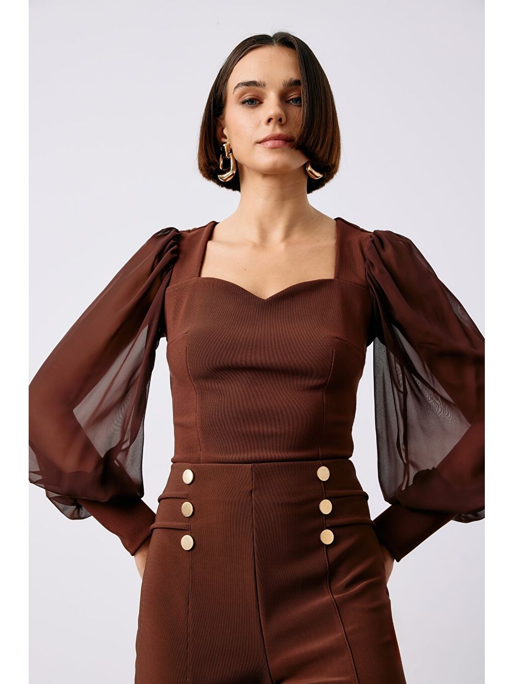 Kahverengi Balon Kol Crop Bluz - Kahve