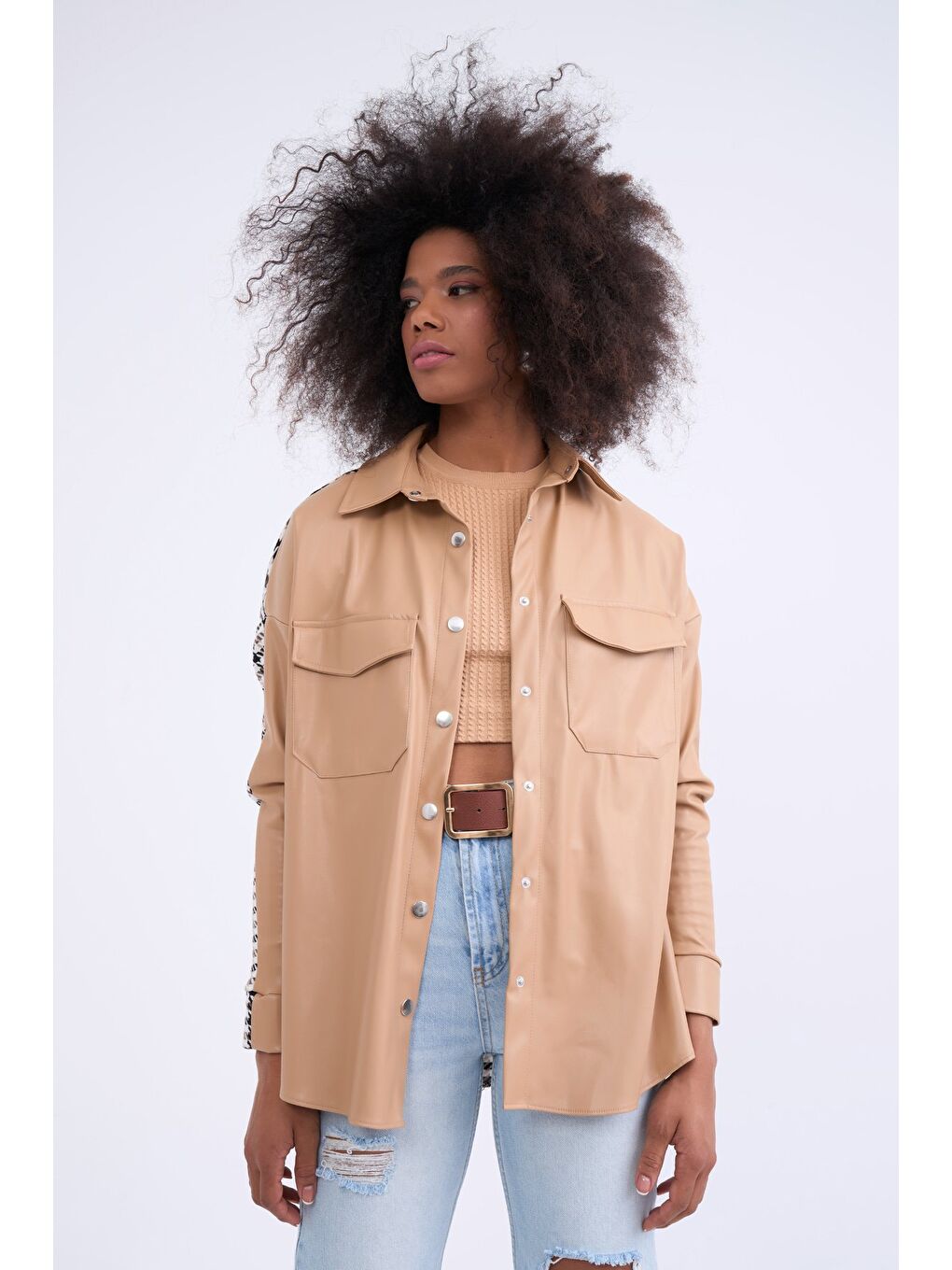 Ekoseli Deri Detaylı Gömlek Ceket - Bej-1