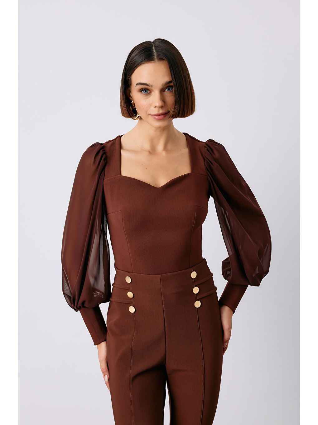 Kahverengi Balon Kol Crop Bluz - Kahve-1