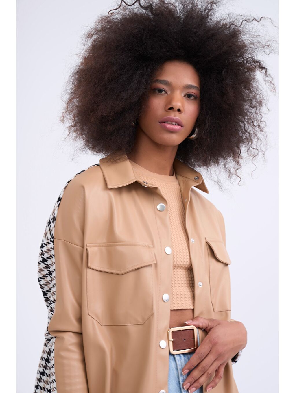 Ekoseli Deri Detaylı Gömlek Ceket - Bej-2