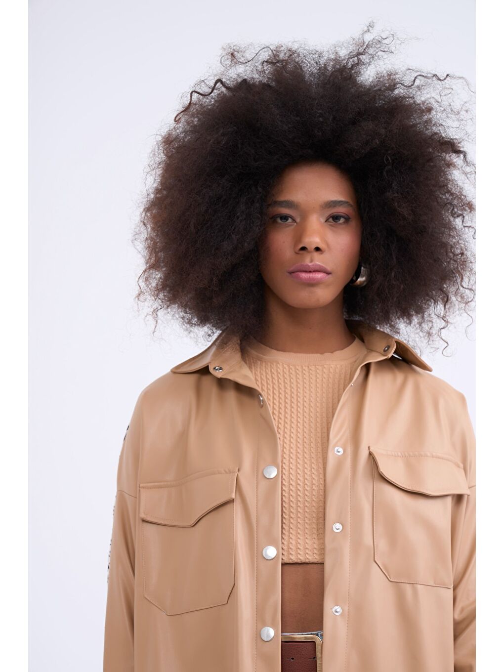 Ekoseli Deri Detaylı Gömlek Ceket - Bej-3