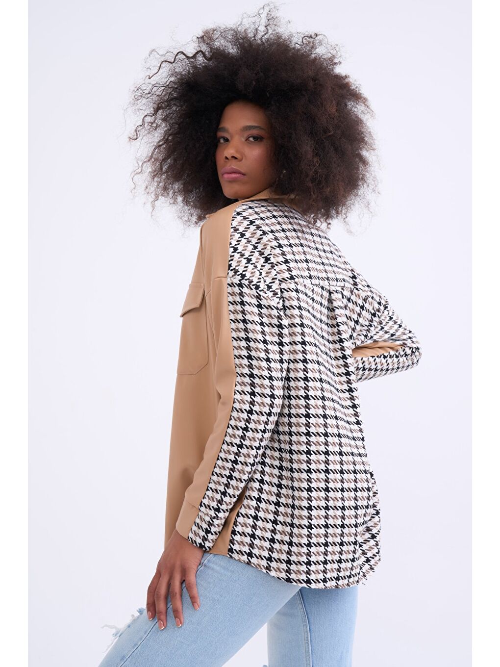 Ekoseli Deri Detaylı Gömlek Ceket - Bej-4