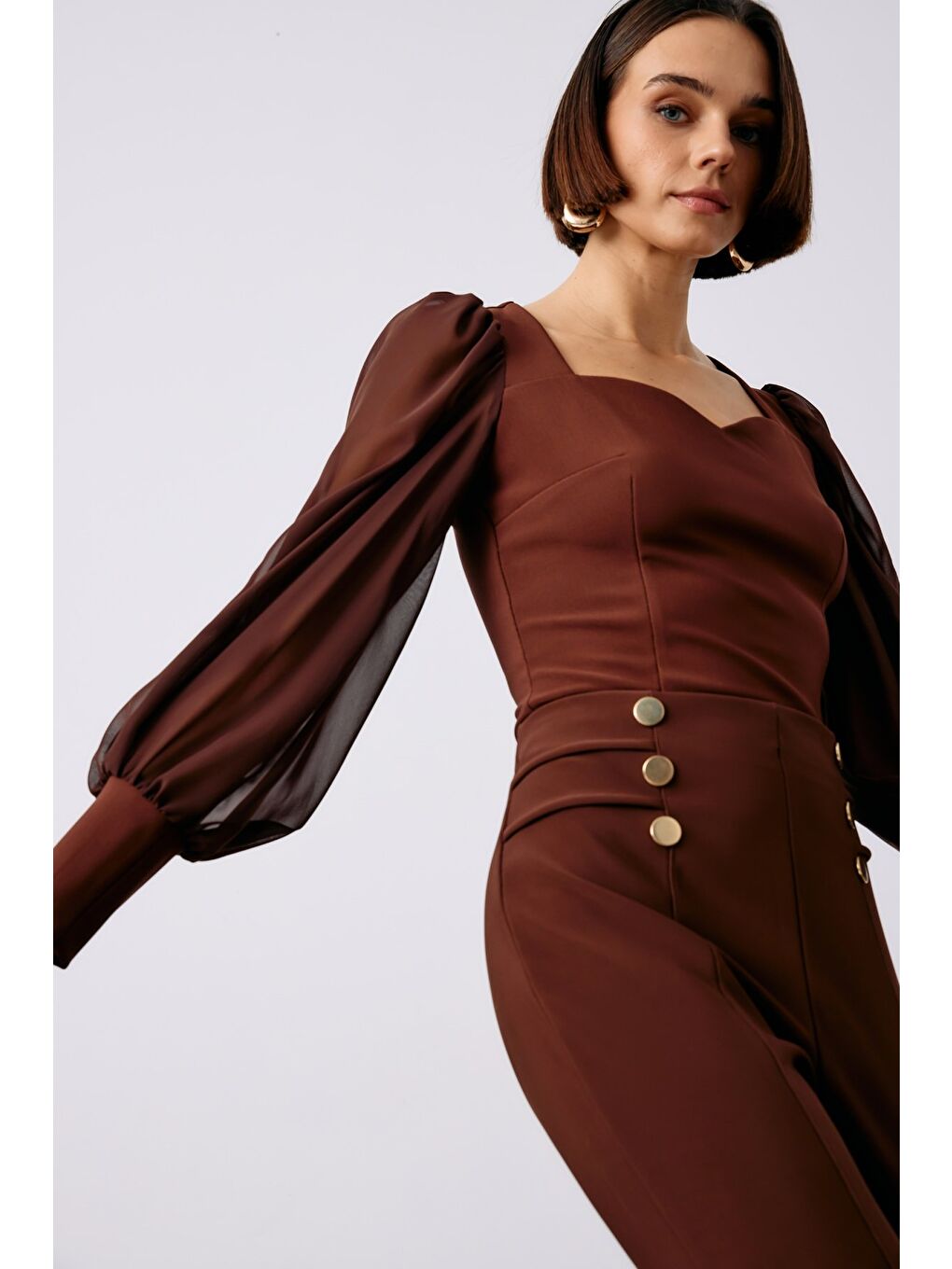 Kahverengi Balon Kol Crop Bluz - Kahve-4