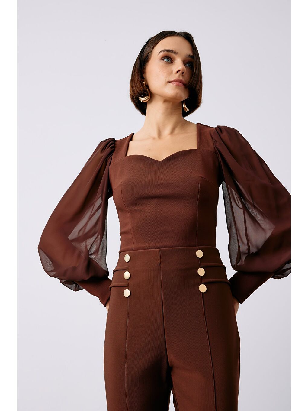 Kahverengi Balon Kol Crop Bluz - Kahve-6