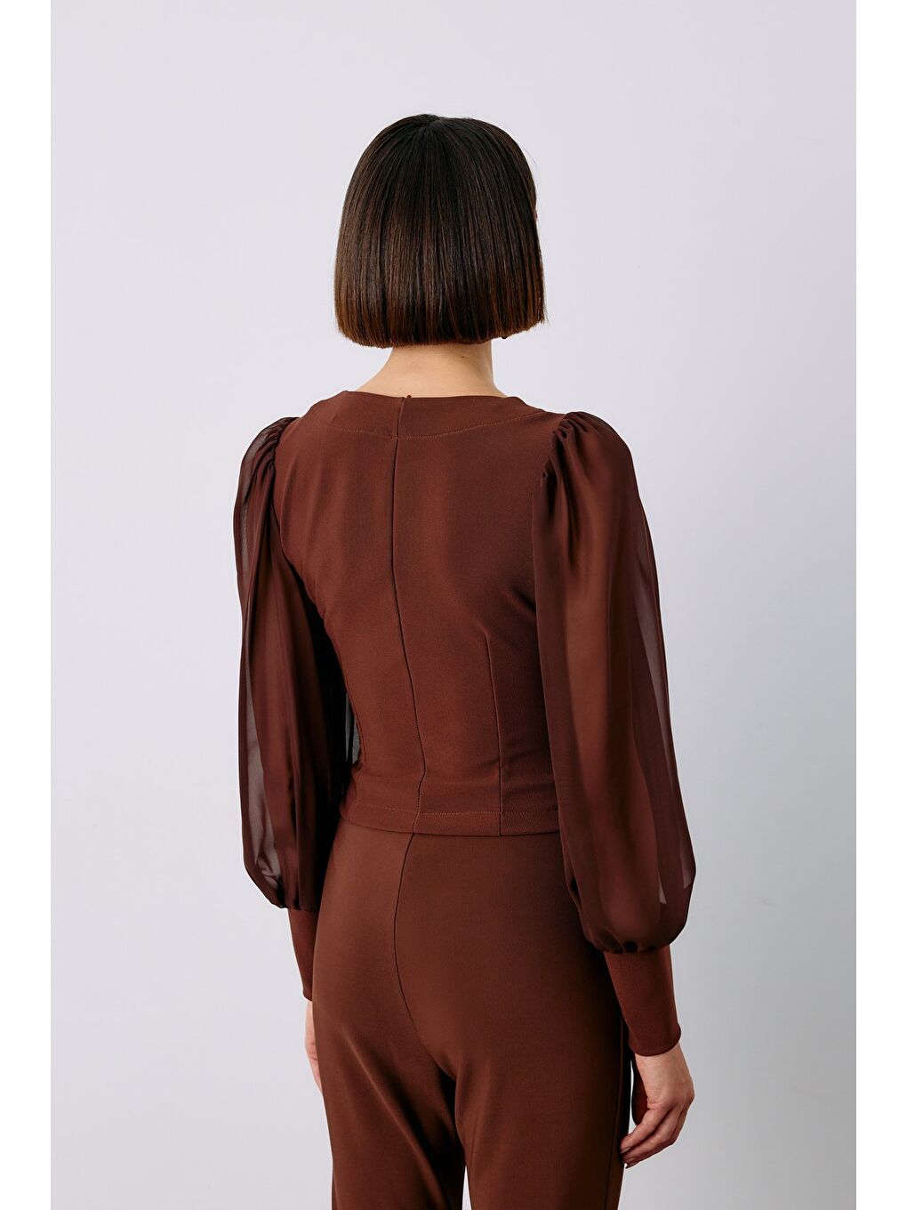 Kahverengi Balon Kol Crop Bluz - Kahve-7