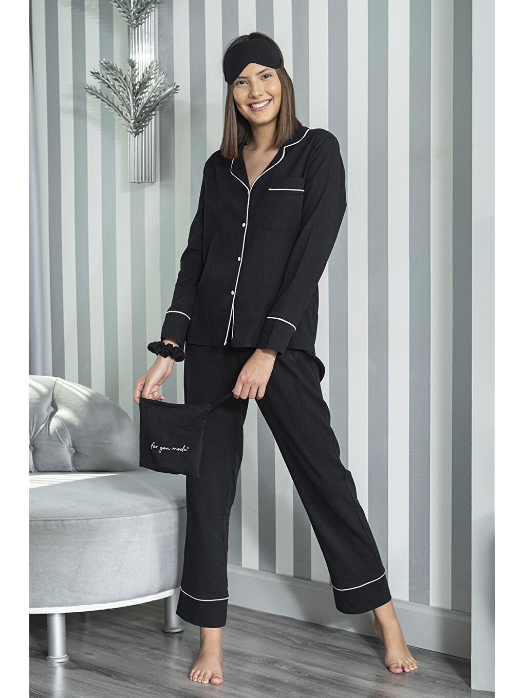 Organik 7'li Beyaz Biyeli Pijama Takımı Siyah-1