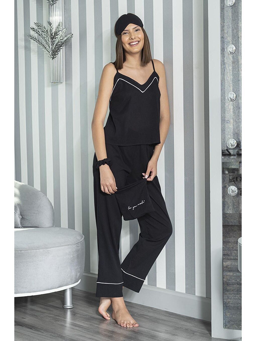 Organik 7'li Beyaz Biyeli Pijama Takımı Siyah-3