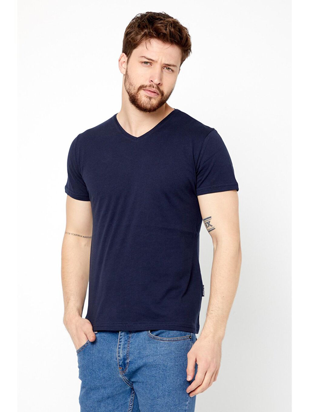 Lacivert Erkek Pamuklu Kısa Kollu V Yaka %100 Pamuk Tişört-1