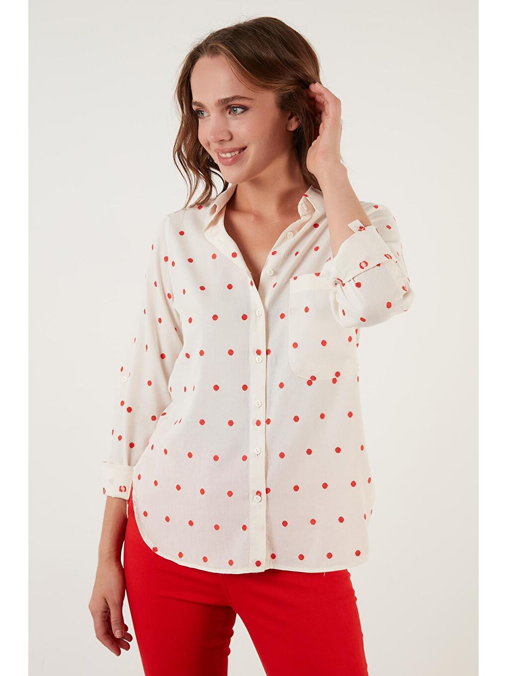 Kırmızı Regular Fit Puantiyeli Pamuklu Gömlek 514337310-2