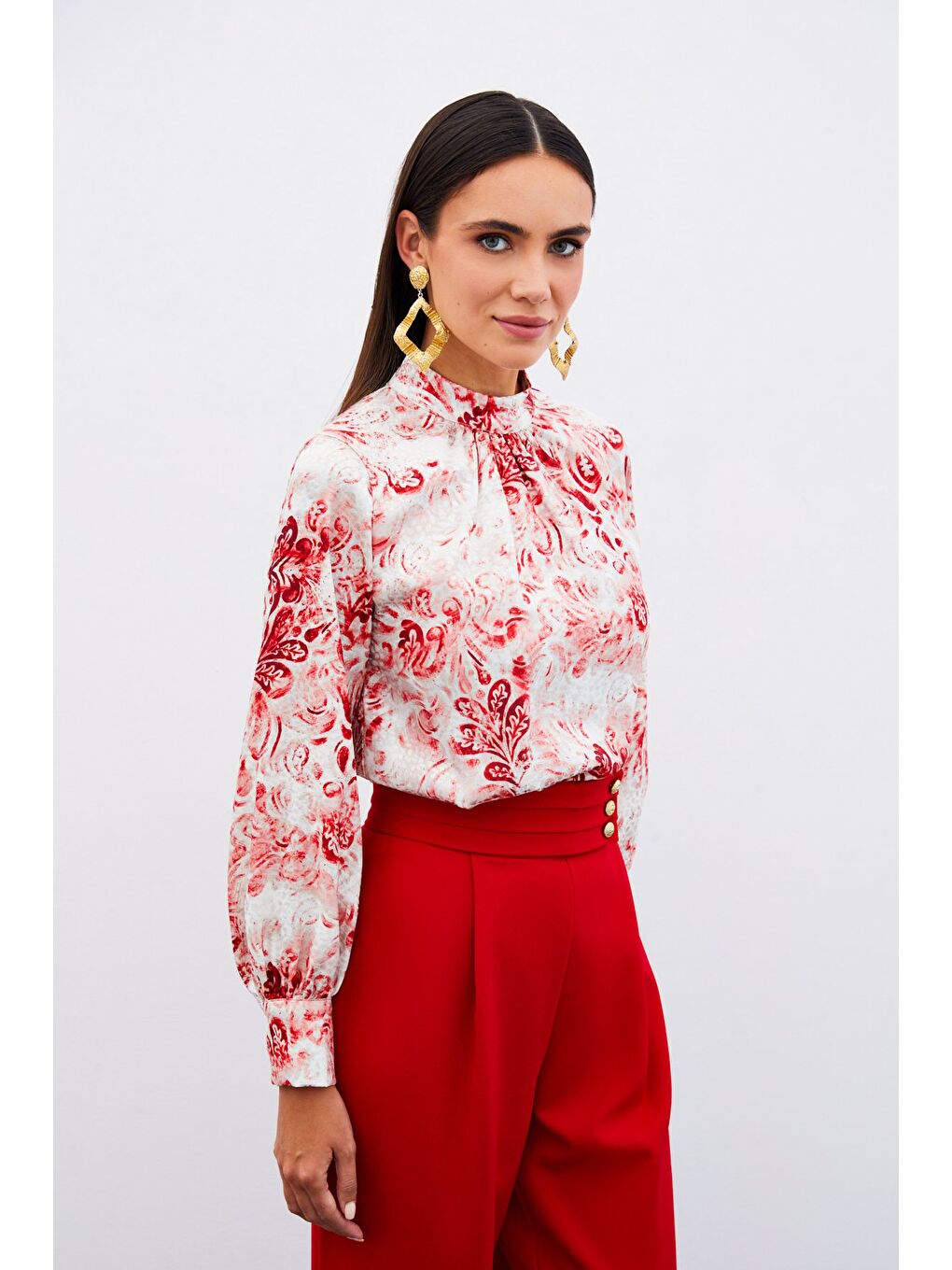 Dik Yaka Desenli Bluz - Kırmızı